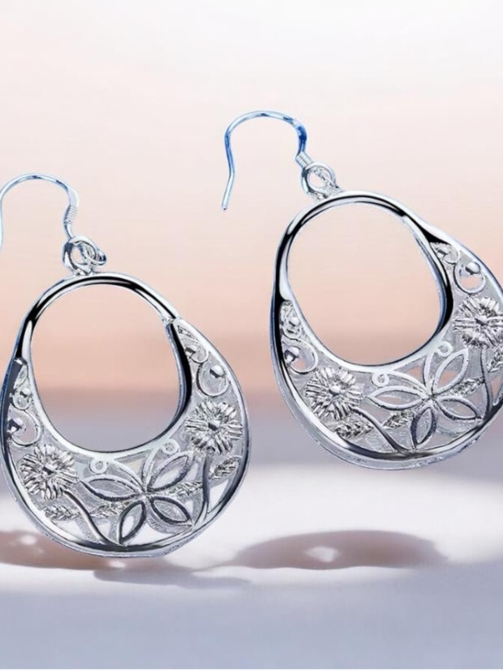 Sterling Silver Floral Hoop Drop Earrings - Silver